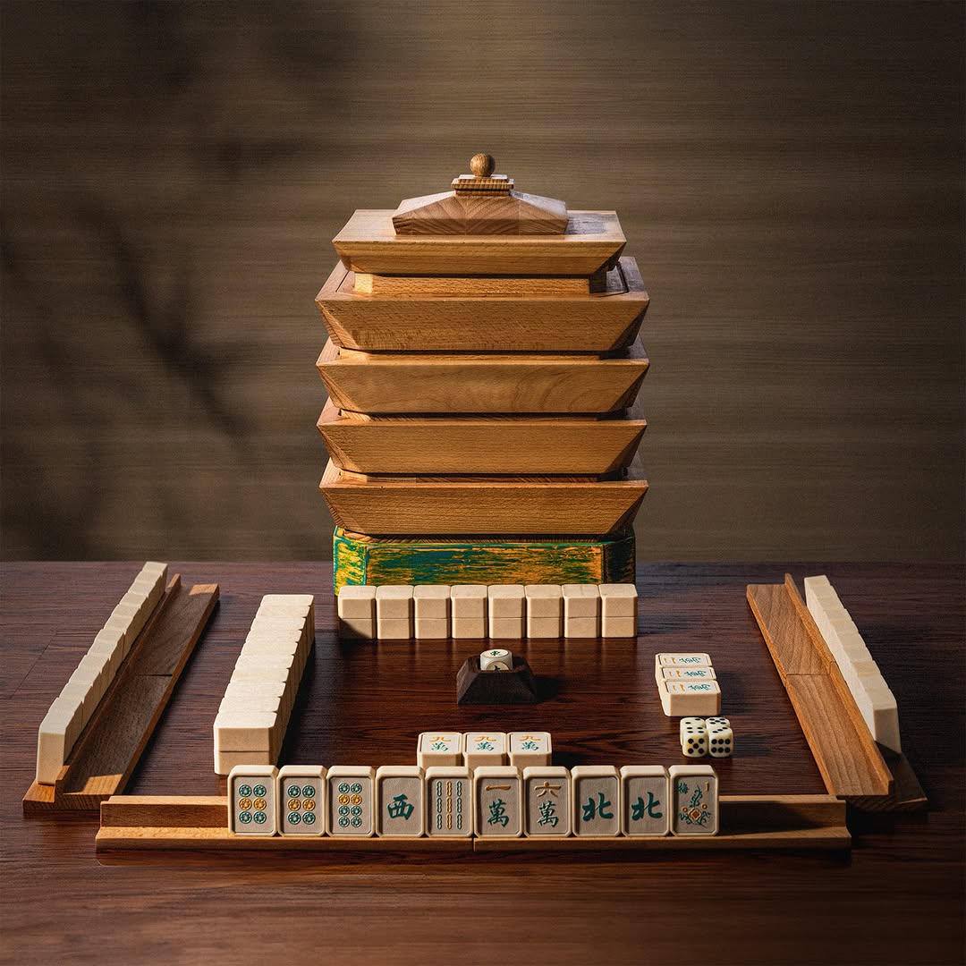 Wooden pagoda with a traditional Japanese game setup on a wooden table
