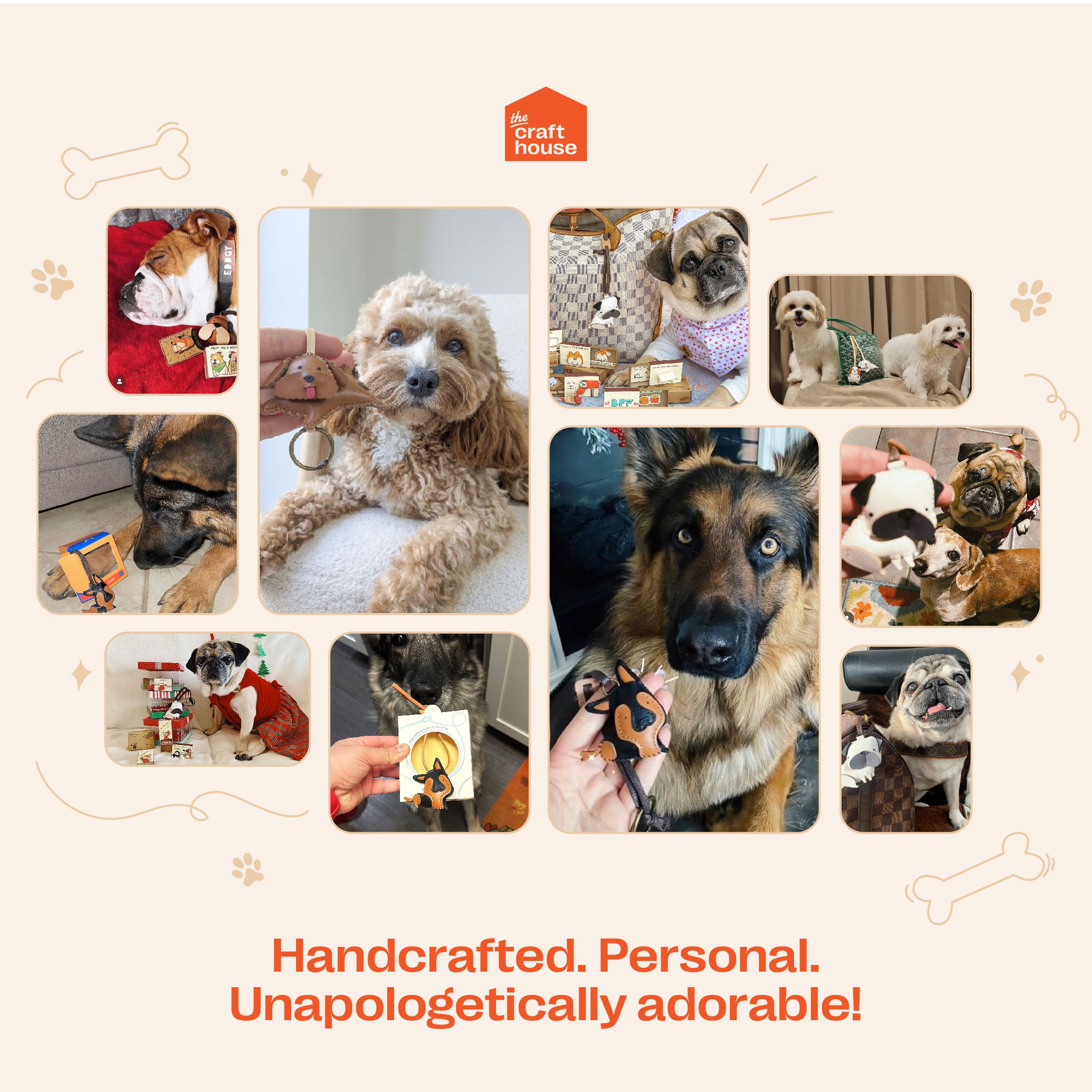 Collage of dogs in various poses with 'The Craft House' logo and text 'Handcrafted. Personal. Unapologetically adorable!'