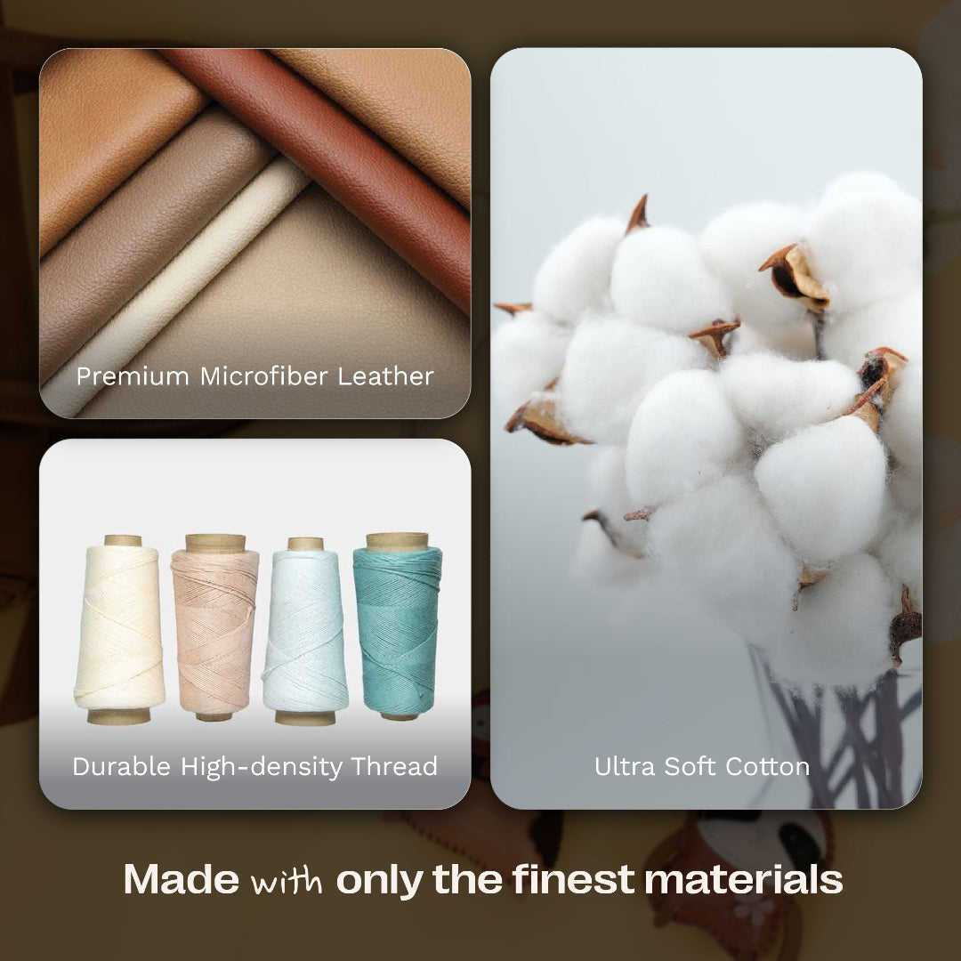Collage of premium microfiber leather, durable high-density thread, and ultra soft cotton with text 'Made with only the finest materials'.