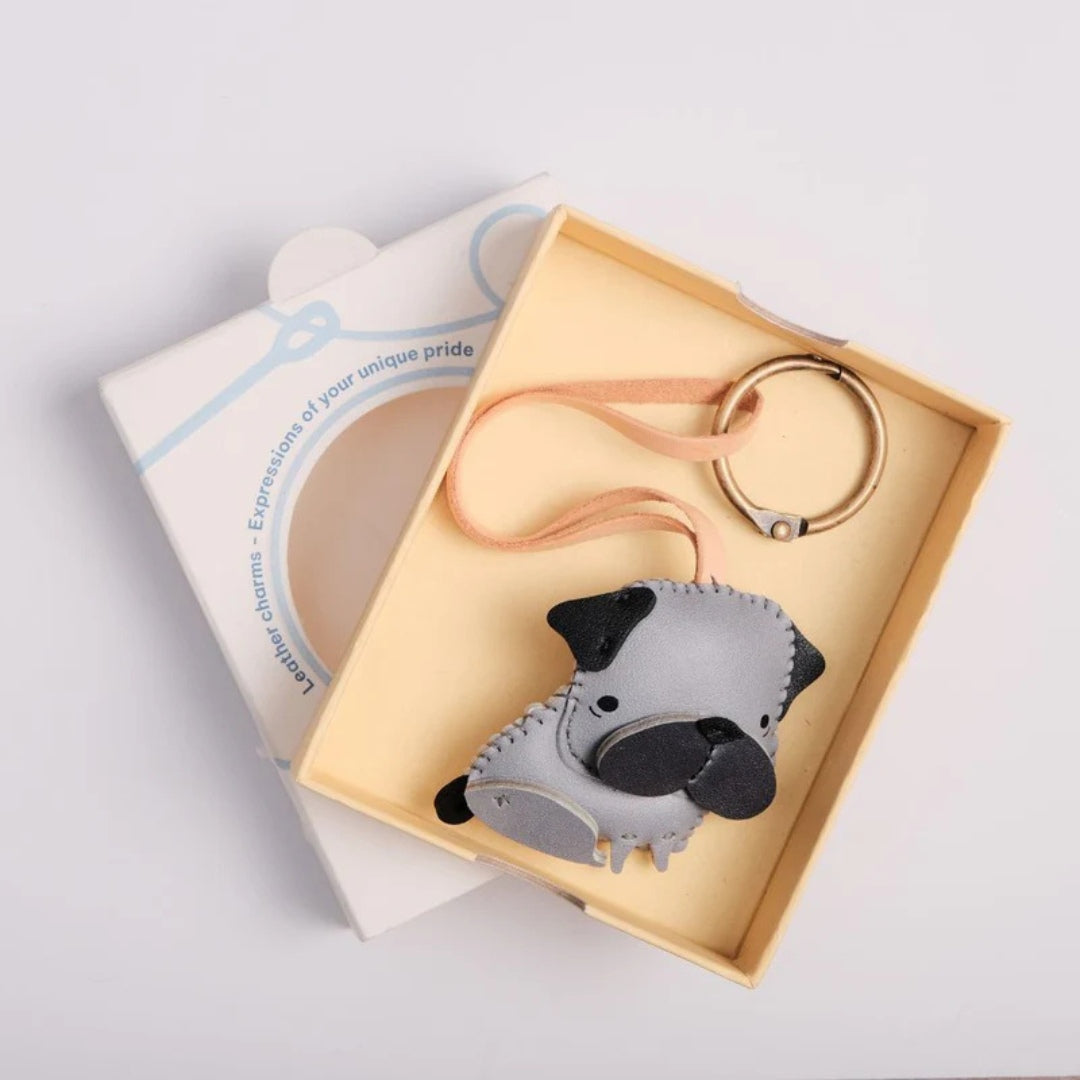 Dog-shaped keychain in a box on a light gray background