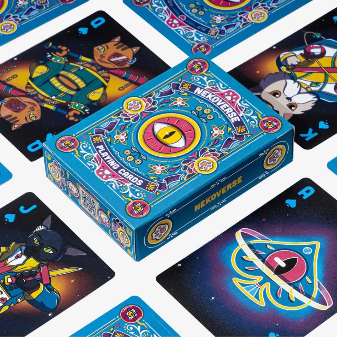 Colorful playing cards with a prominent box labeled 'Nekoverse' on a white background.