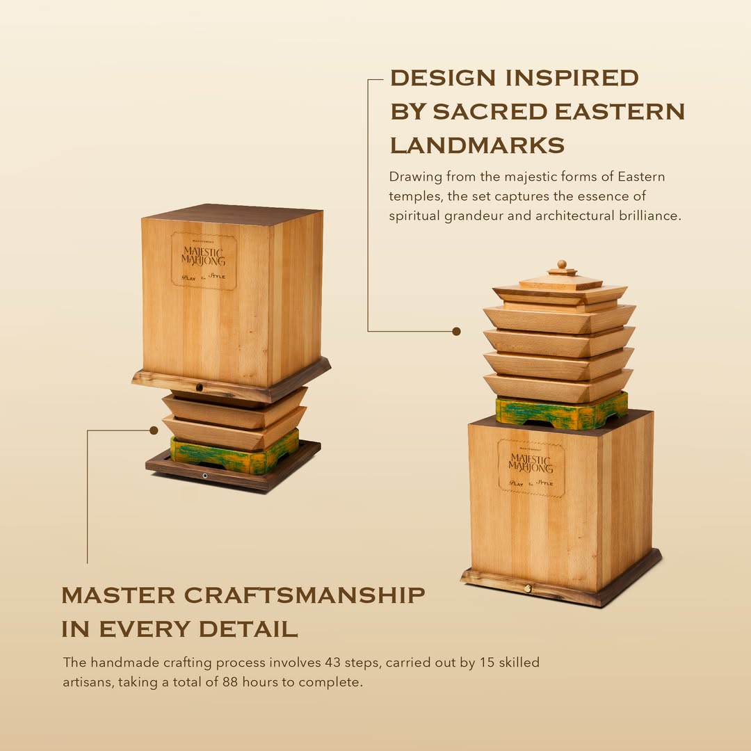 Wooden temple-like structures with text about design inspiration and craftsmanship.